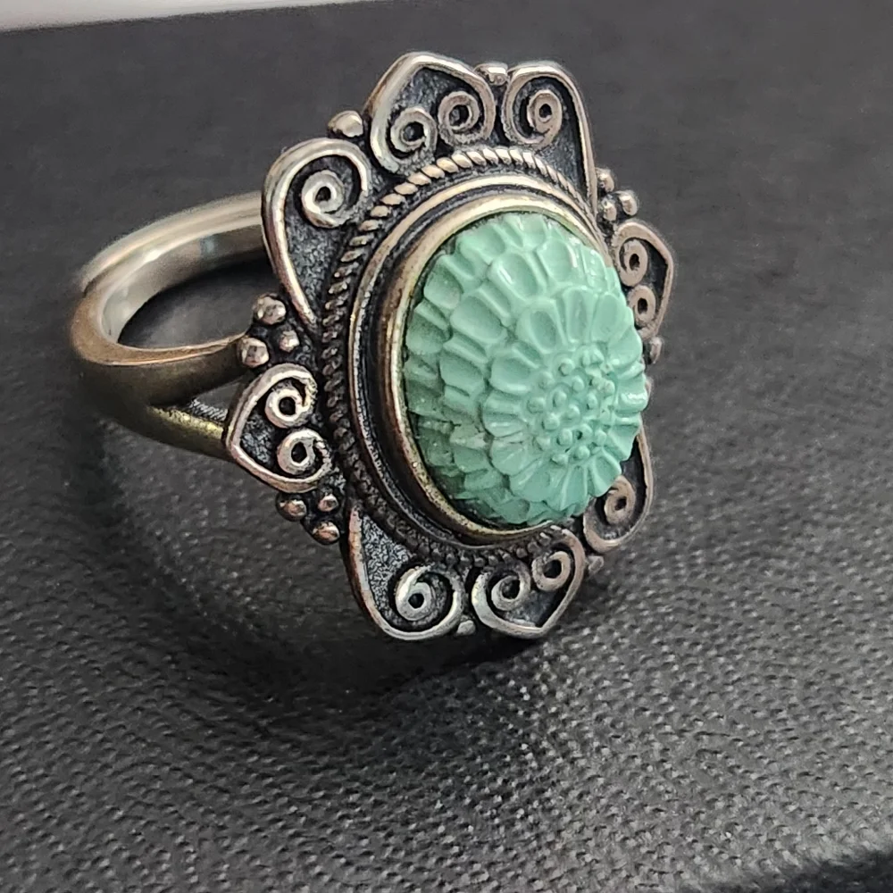 S925 Turquoise flower carved Ring adjustable size band With Antique Finish